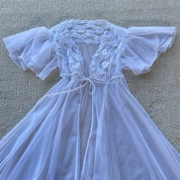 Vintage Val Mode Fairy Sheer Nylon Short flutter Sleeve Lace White Maxi Robe S-M - Picture 11 of 16